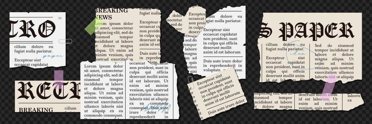 Set of Torn newspaper sheets of paper with clippings text in grunge style. pieces of ripped scrap paper in cage and lines. Vintage elements collection for collage.