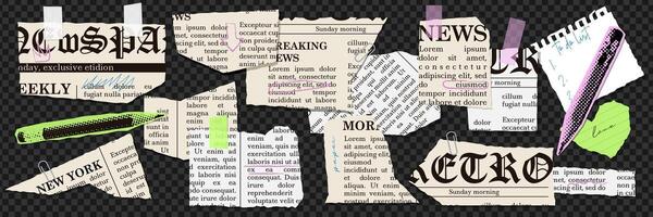 Set of torn newspapers and Notebook sheet for modern collages. Cut strips of Paper with uneven edges. Pieces of vintage book pages trendy design in scrapbook. Ripped notepad textbox. elements. vector