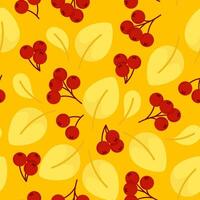 Seamless pattern of autumn leaves and berries on an orange background vector