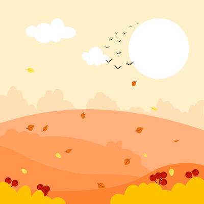 Autumn landscape with fields, sun and flying away birds
