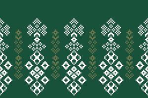 Motifs ikat fabric pattern cross stitch.Ethnic Pixel green background.Texture,wallpaper. vector