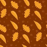 Autumn seamless pattern with oak and willow leaves. Hand drawn flat style. Simple botanical illustration on dark background. Perfect for textile and wrapping. Dark theme vector