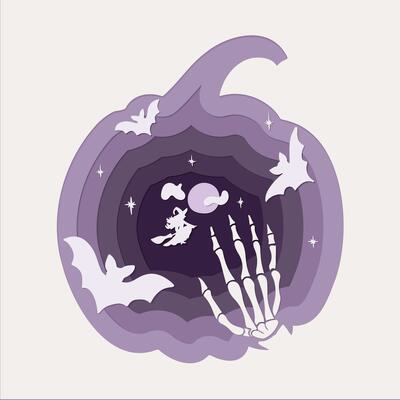 Adobe Illustrator ArtworkHalloween holiday papercut illustration with witch on mop, flying at full moon bats, skeleton of hand in Halloween pumpkin shape