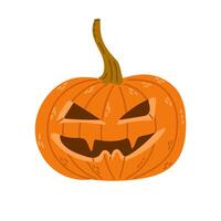 Hand drawn scary Halloween pumpkin jack o lantern in flat style. Spooky design for autumn holiday isolated on white background. Cute angry and creepy decoration vector