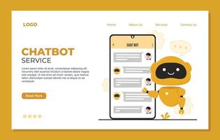 Chatbot landing page template. Cute robot with speech bubbles. vector