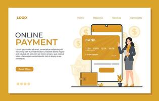 Online payment concept scanning qr code credit card Landing page template for website and mobile website development. vector