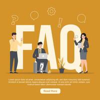 FAQ, frequently asked questions concept. Man and woman with laptop and question mark. Flat illustration. vector
