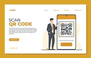 Online payment concept scanning qr code Landing page template illustration of QR code scanning. Modern flat design concept for web page, mobile app, banner. vector