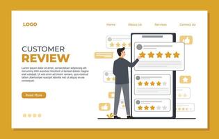 customer review landing page template flat cartoon illustration of customer review website page. vector