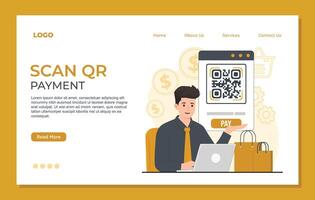 Online payment concept scanning qr code Landing page template Qr code payment illustration. Modern flat design concept of online shopping. vector