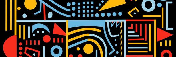 Colorful abstract horizontal art banner with naive doodle shapes in a primitive style, ideal for modern creative backgrounds and contemporary design projects. Eps vector