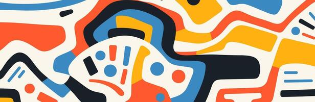 Abstract modern doodle banner with geometric shapes and lines in a minimalist primitive style ideal for creative background designs, focusing on fluidity, clean composition, and artistic. Eps vector