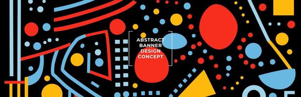 Abstract horizontal art banner with naive graphic doodle shapes and geometric patterns, perfect for colorful modern artistic design projects and creative backgrounds. Eps vector