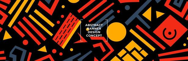 Colorful abstract horizontal banner featuring naive doodle graphic shapes in primitive geometric style, perfect for modern creative background designs and artistic projects. Eps vector