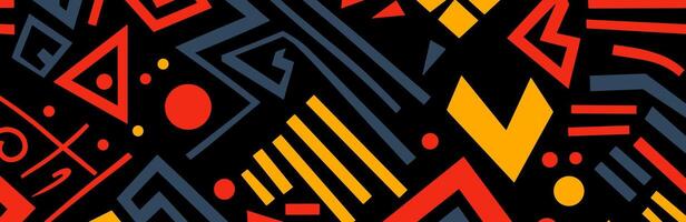 Abstract banner featuring naive doodle colorful geometric shapes in primitive style, perfect for contemporary design projects and modern creative backgrounds. Eps vector