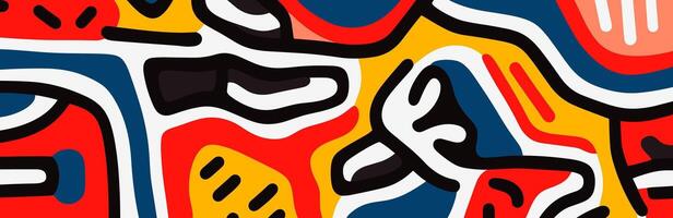 Modern abstract banner featuring colorful wavy liquid shapes with fluidity, doodle designs in primitive style, perfect for contemporary artistic backgrounds and creative projects. Eps vector