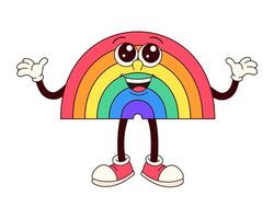 A cartoon rainbow character is smiling and waving. The rainbow is colorful and has a happy expression. The character is wearing red shoes and a rainbow-colored outfit vector