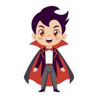 A cartoonish boy in a vampire costume is standing with his mouth open and teeth showing. He is wearing a black cape and a bow tie vector