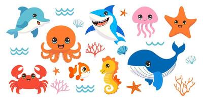A collection of cartoon sea creatures including a crab, octopus, fish, and starfish. Scene is lighthearted and playful vector