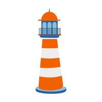 A lighthouse with a blue and orange stripe. The lighthouse is tall and has a balcony vector