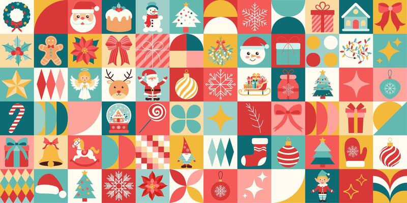 Christmas geometric pattern. Bauhaus style. The image is a collage of various Christmas symbols, including Santa Claus