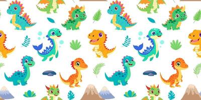 A colorful pattern of dinosaurs with some of them smiling. The background features a mountain and a tree vector