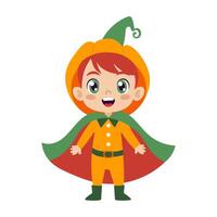 A cartoonish child in a costume with a green cape and orange pants. The child is smiling and he is happy vector
