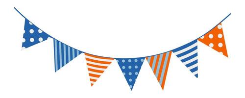 A banner with blue, orange and white stripes and dots hangs on a white background. The banner is decorated with flags and is colorful vector