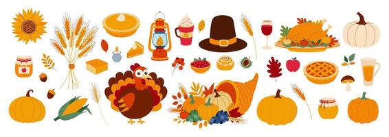A colorful image of a Thanksgiving table with various foods and decorations. The table is filled with pies, apples, corn, and other fall foods. There is a pumpkin, a turkey, and a lantern on the table vector