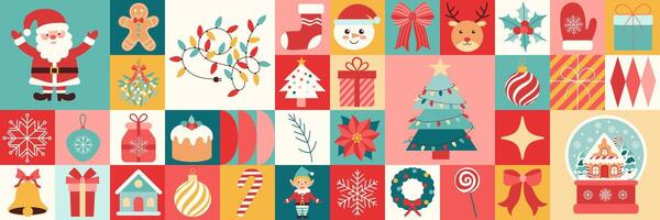 Christmas icons elements with geometric pattern. The image is a collage of various Christmas symbols, including a Santa Claus, a Christmas tree vector
