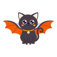 Halloween a black cat with bat wings is sitting on a white background. The cat has a collar and is looking at the camera vector