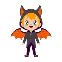A cartoon boy in a bat costume is smiling and looking up at the camera. The image is a Halloween-themed drawing of a child dressed as a bat vector
