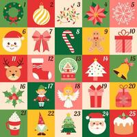 AdventCalendarA colorful Christmas calendar with various festive images and numbers. The calendar features a variety of Christmas decorations such as a wreath, gingerbread man, and a Santa Claus vector