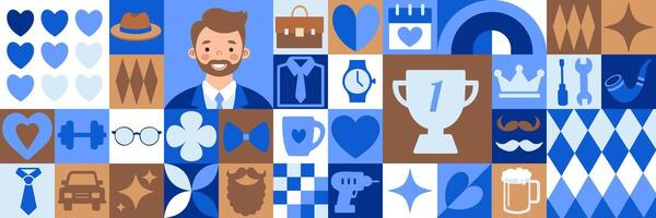 Happy Father's Day icons elements with geometric pattern. Bauhaus style vector