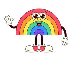 A rainbow character is waving to the camera. The rainbow is colorful and has a happy expression. The character is wearing red shoes and white socks vector