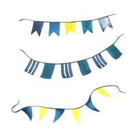 Garlands with flags blue, turquoise, yellow, striped, triangular, rectangular. Watercolor illustration hand drawn in children s style. Set of isolated elements on a white background. vector