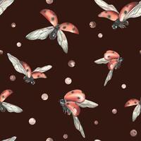 Red ladybugs with black dots flying with berries. watercolor illustration, hand drawn. Seamless pattern on a burgundy background. vector