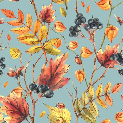 Autumn berries physalis, chokeberry, rowan leaves, maple, birch, tree branches and ladybugs. Watercolor illustrations. Seamless pattern on a blue background