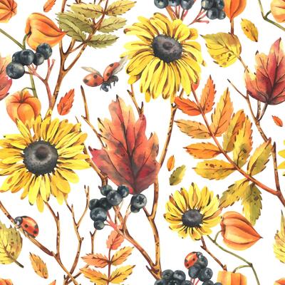 Autumn berries physalis, chokeberry, rowan leaves, maple, birch, rudbeckia flowers tree branches and ladybugs. Watercolor illustrations. Seamless pattern on a white background