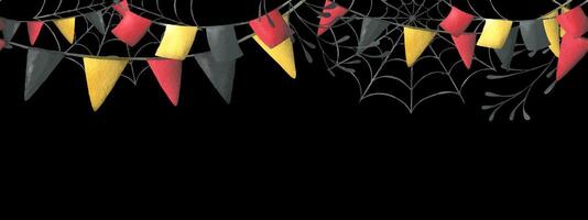 Garlands with red, black and yellow flags are square and triangular with cobwebs. Hand drawn watercolor illustration for day of the dead, halloween, Dia de los muertos. Template on black background vector