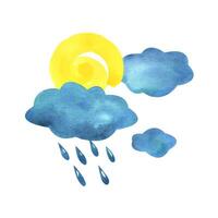 Blue clouds with raindrops and yellow sun. Watercolor illustration hand drawn in a simple abstract childish style. Isolated composition on a white background. vector