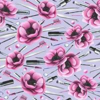 Cosmetics and brushes for eyes and eyebrows, tubes with pink anemone flowers. Watercolor illustration hand drawn. Seamless pattern on a lilac background. For eyelash extension and lamination. vector