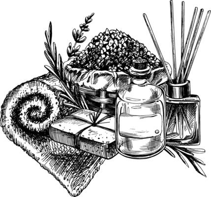 Handmade lavender cosmetics, jars, salts in a basket, soap, flowers and leaves, aroma diffuser on a towel. Illustration hand-drawn graphic line art black and white ink. Sublimation arrangement.