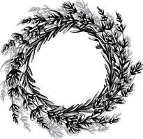 Lavender flowers and leaves, twigs in Provence style. Botanical illustration hand drawn graphic line art black and white ink. Round frame, wreath, template for text vector