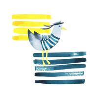 A sea seagull in a vest and a sailor cap against a background of blue and yellow stripes. Watercolor illustration, hand drawn, in a children s, style. An isolated composition on a white background. vector