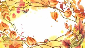 Autumn berries physalis, rowan leaves, maple, birch, tree branches and ladybugs. Watercolor illustrations. Horizontal Rectangular Text Frame Template vector