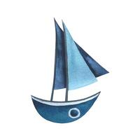 Nice blue boat with sails. Hand-drawn watercolor illustration in children s style. Isolated object on a white background. vector