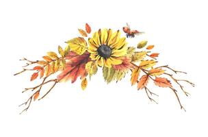 Autumn berries physalis, chokeberry, rowan leaves, maple, birch, russula mushrooms, rudbeckia flowers, tree branches and ladybugs. Watercolor illustrations. Sublimation isolated from the background vector