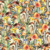 Forest edible mushrooms boletus and chanterelles with blueberries, lingonberries, autumn leaves and twigs. Watercolor illustration, hand drawn. Seamless pattern on a white background. vector