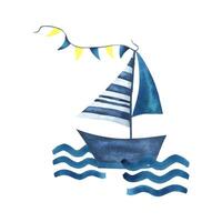 The sailing boat is striped with a garland of blue and yellow flags, floating along the waves. Watercolor illustration hand drawn in a children s style. An isolated composition on a white background. vector